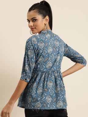 Blue Floral Front Button Gathered Top