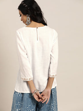 White Round Neck Embroidery Top
