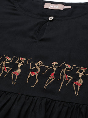 Black Tribal Embroidery Liva Peplum Top