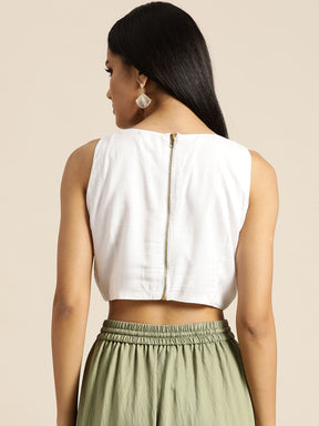 White Motif Embrodery Liva Crop Top