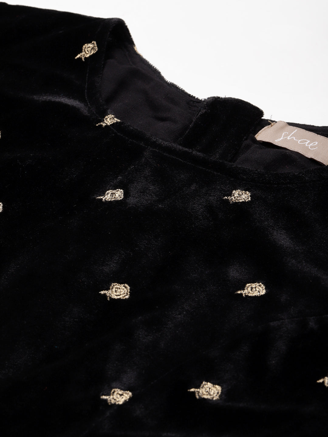 Black Full Sleeve Embroidered Velvet Crop Top