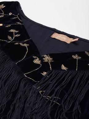Navy Embroidered Fringe Lace Velvet Crop Top