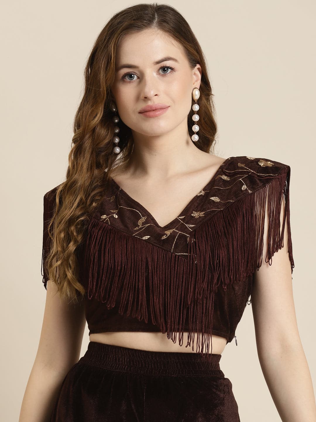 Brown Embroidered Fringe Lace Velvet Crop Top-Blouse-SASSAFRAS