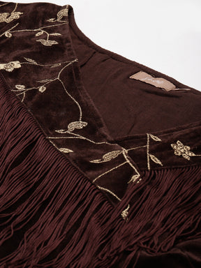 Brown Embroidered Fringe Lace Velvet Crop Top