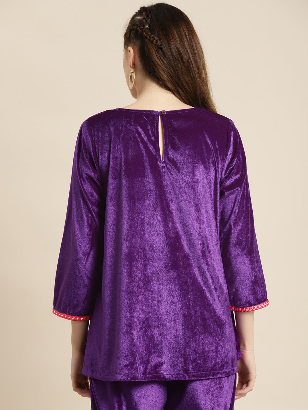 Purple Velvet Front Embroidered Top