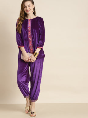 Purple Velvet Front Embroidered Top