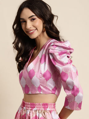 Pink Mughal Print Puff Shoulder Crop Top