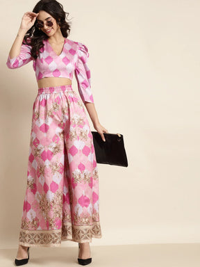 Pink Mughal Print Puff Shoulder Crop Top-Blouse-SASSAFRAS