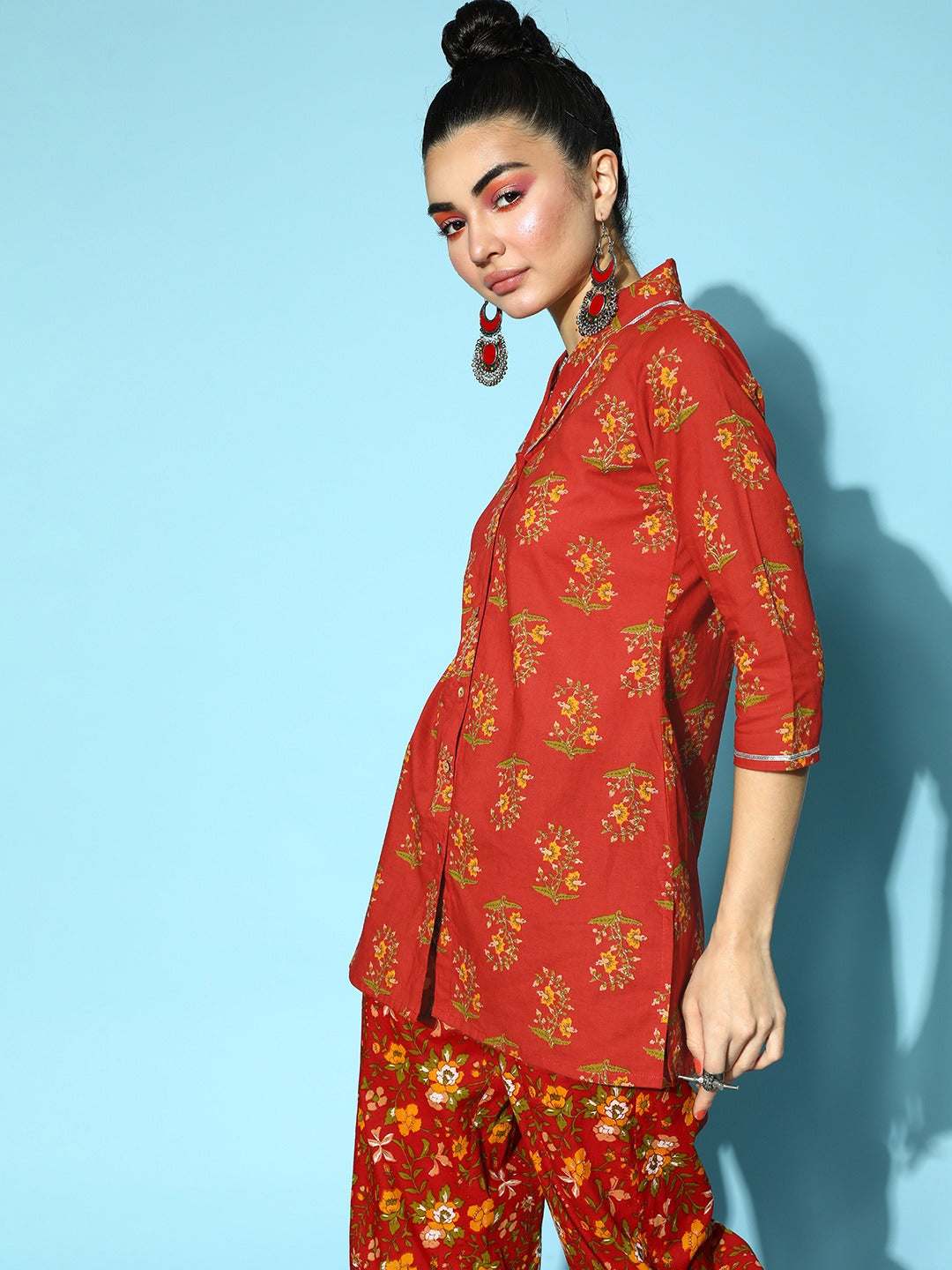 Women Rust Placement Floral Shawl Collar Top