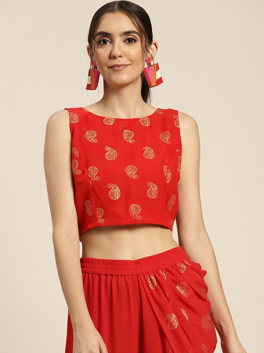 Women Red Foil Print Back Bow Tie Crop Top-Tops-SASSAFRAS