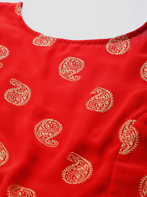 Women Red Foil Print Back Bow Tie Crop Top