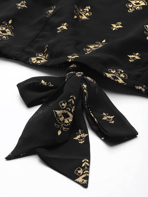Women Black Foil Print Back Bow Tie Crop Top