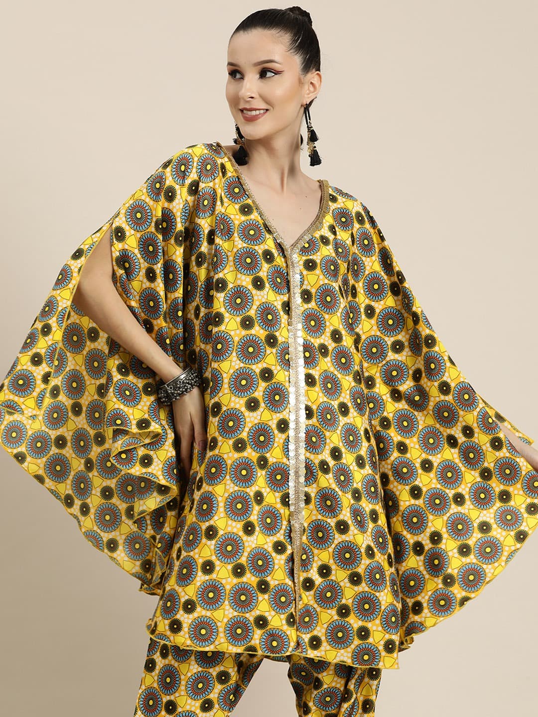 Women Yellow Geometric Print Lace Detail Kaftan Top-Tops-SASSAFRAS