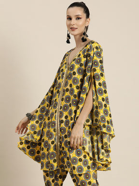 Women Yellow Geometric Print Lace Detail Kaftan Top