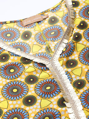 Women Yellow Geometric Print Lace Detail Kaftan Top