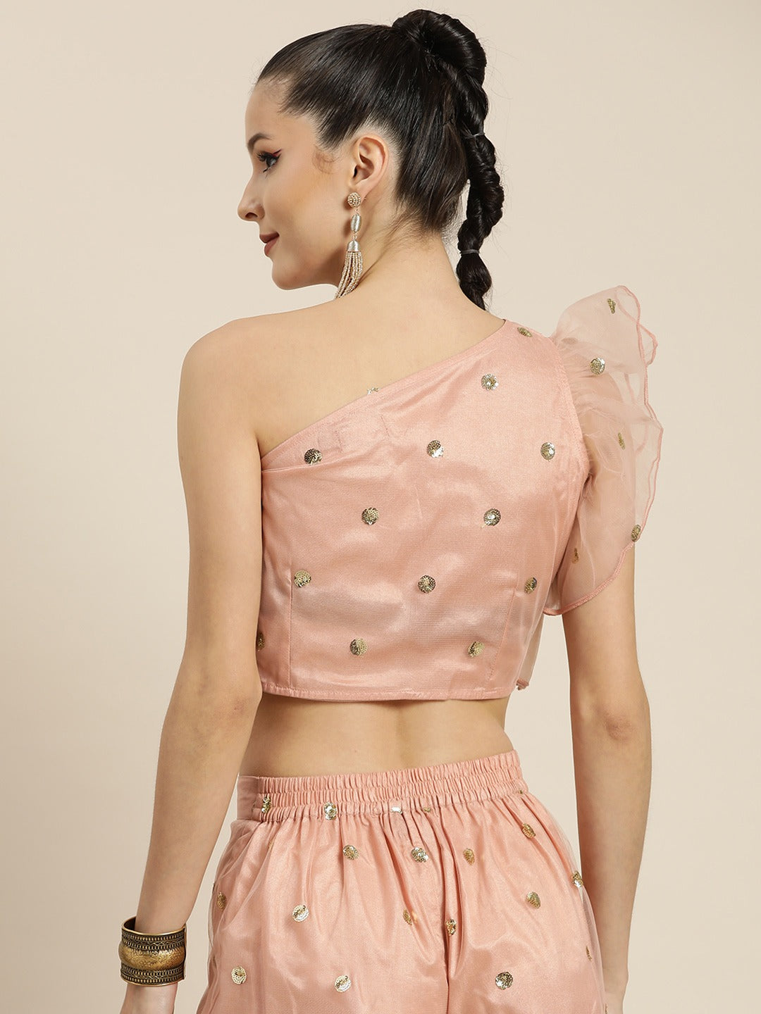 Women Peach Tulle Sequins One Shoulder Crop Top