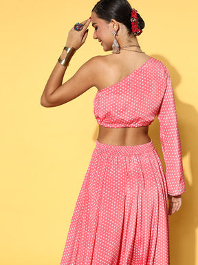 Women Pink Tie & Dye One Shoulder Crop Top