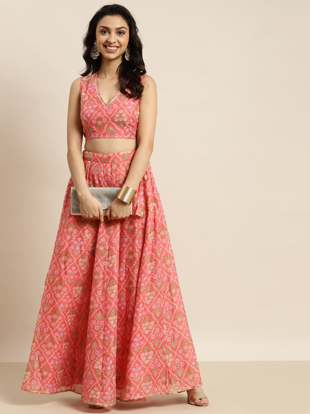 Women Peach Chanderi Mughal Floral Sleeveless Crop Top