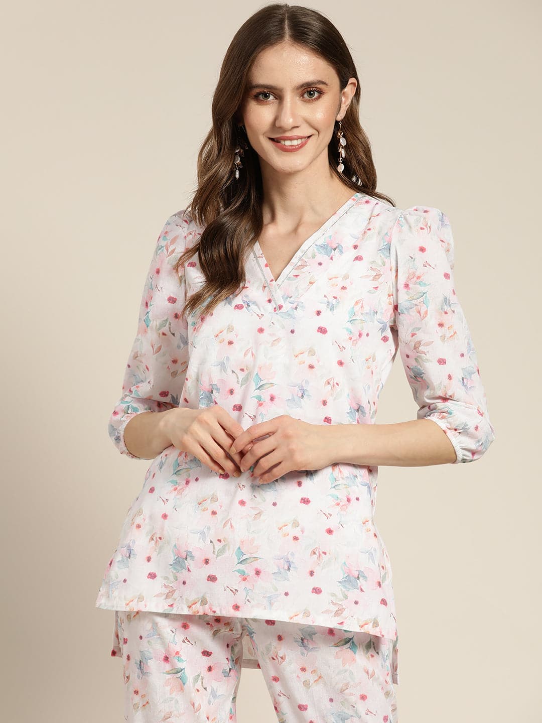 White Floral Sustainable Puff Sleeves Top Shae by SASSAFRAS