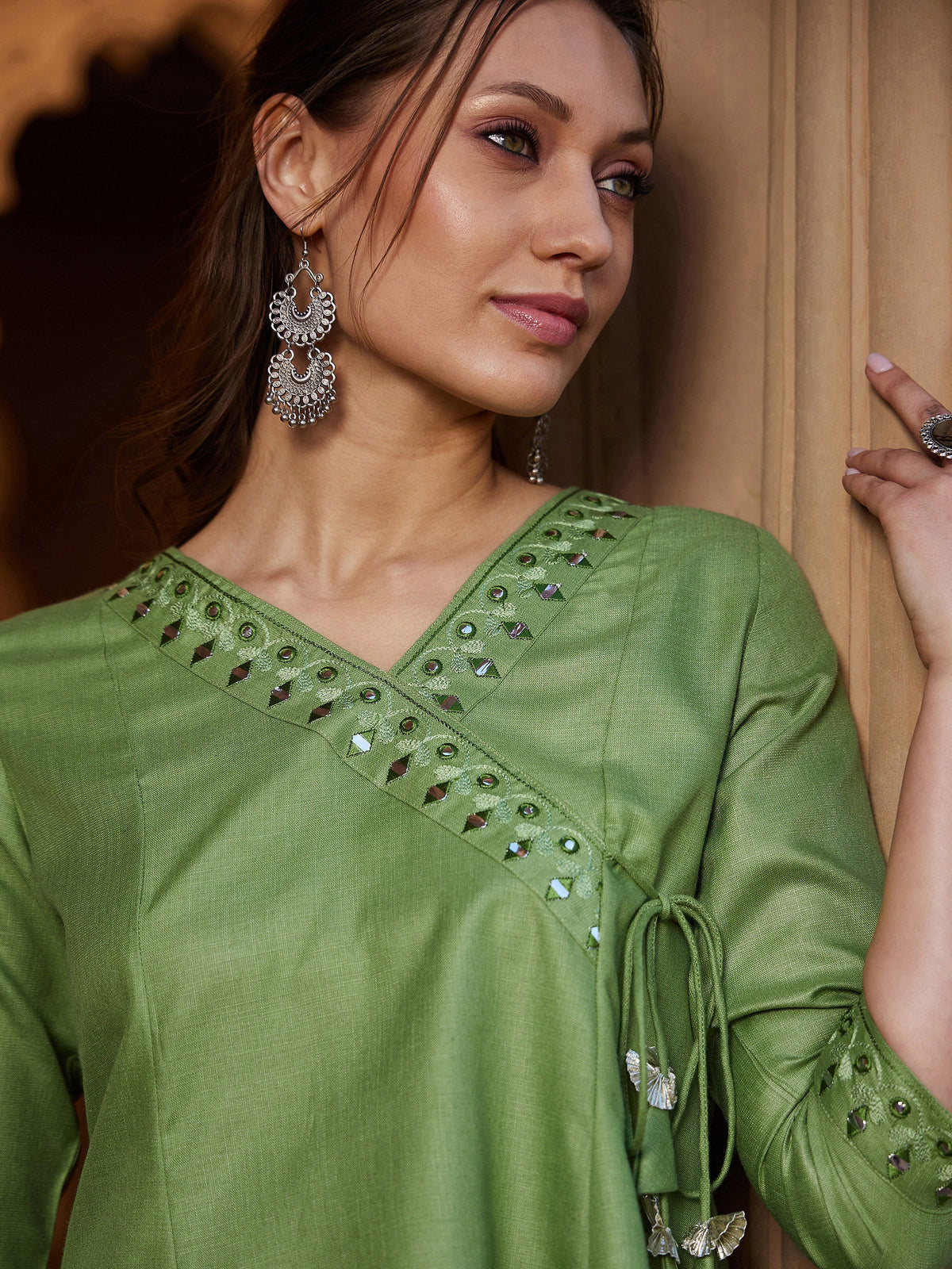 Green Embroidered Angrakha Top-Shae by SASSAFRAS