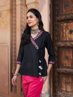 Black Embroidered Angrakha Top-Shae by SASSAFRAS