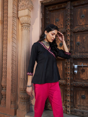 Black Embroidered Angrakha Top-Shae by SASSAFRAS