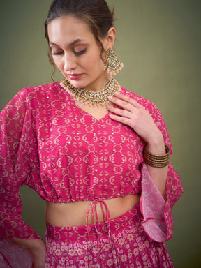 Pink Floral Anarkali Skirt With Crop Top-Shae by SASSAFRAS