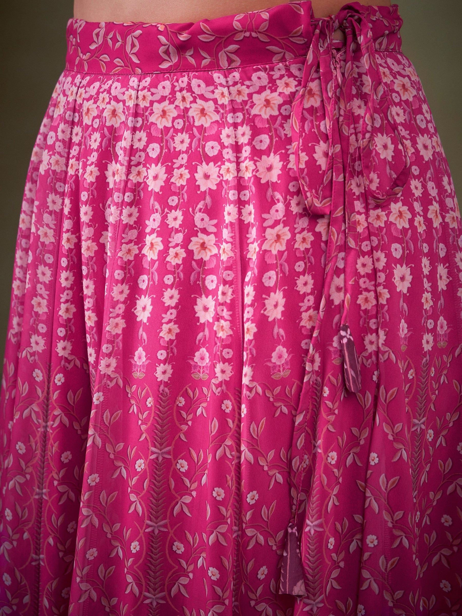 Pink Floral Anarkali Skirt With Crop Top-Shae by SASSAFRAS