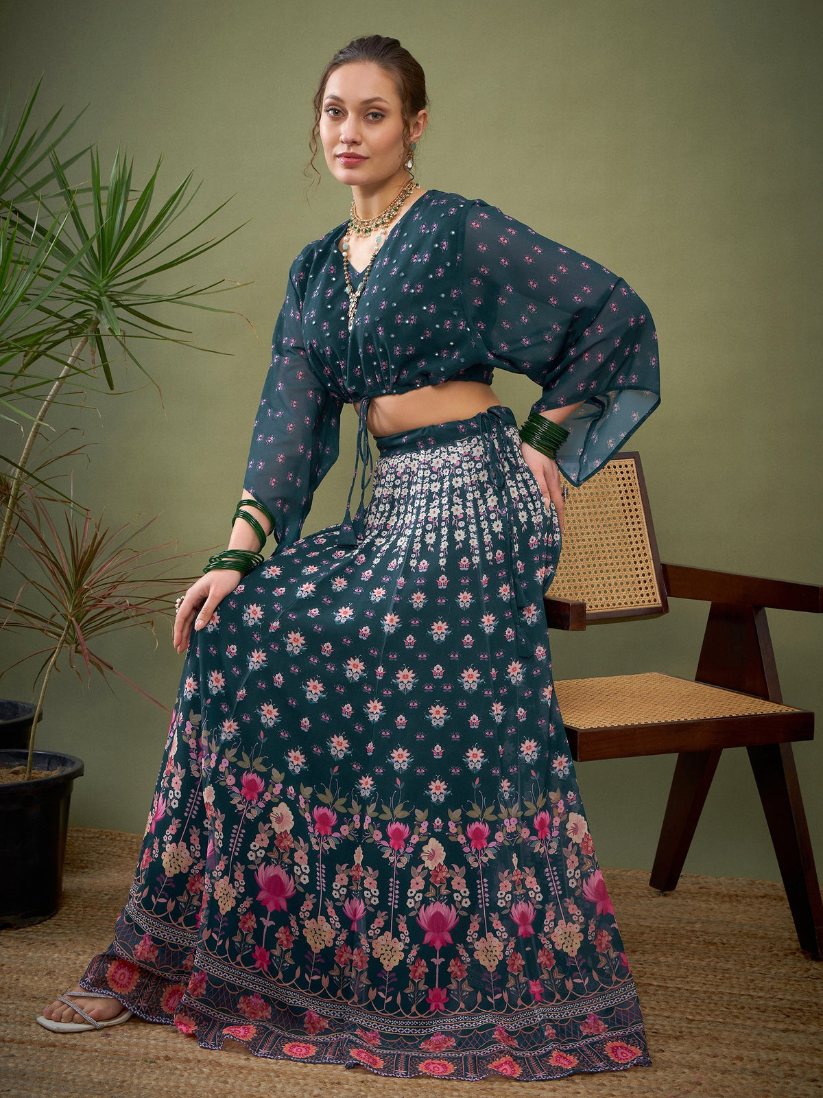 Green Floral Anarkali Skirt With Crop Top-Shae by SASSAFRAS