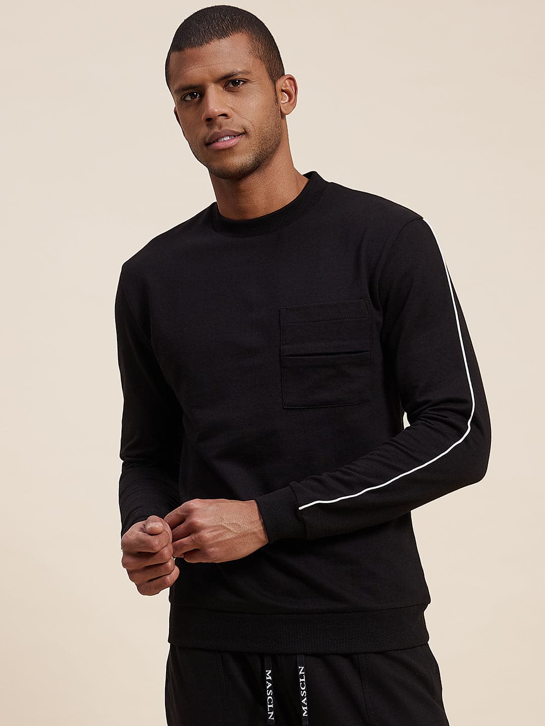 Men's Black Slim Fit Piping Detail Sweatshirt-Men's Sweatshirt-SASSAFRAS