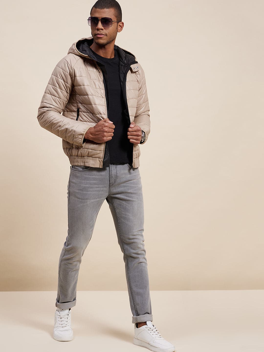 Men's Khaki Full Sleeve Puffer Hoodie Jacket-Men's Jackets-SASSAFRAS