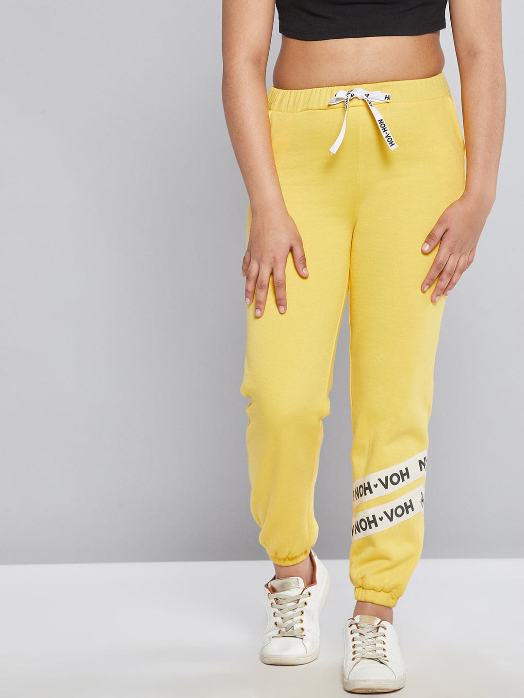 Girls Yellow Fleece Brand Tape Joggers-Girls Joggers-SASSAFRAS