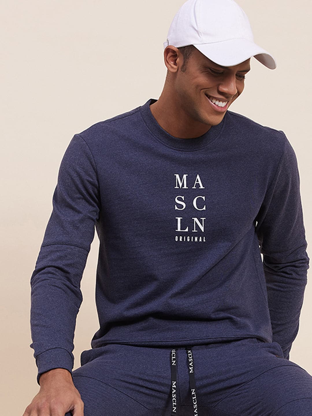 Men's Blue Melange Vertical MASCLN Print Sweatshirt-Men's Sweatshirt-SASSAFRAS