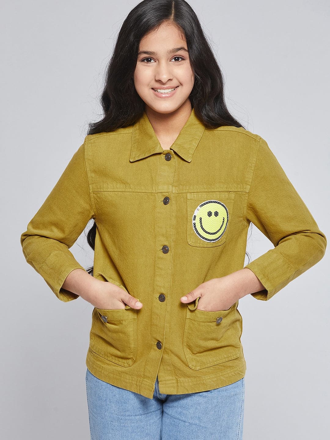 Girls Mustard SMILEY Patch Denim Jacket-Girls Jacket-SASSAFRAS