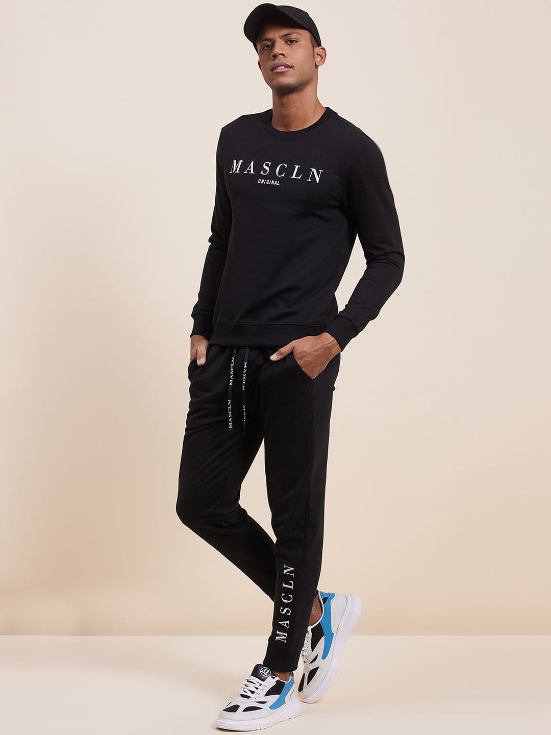 Men's Black MASCLN Embroidered Joggers-Men's Track Pants-SASSAFRAS