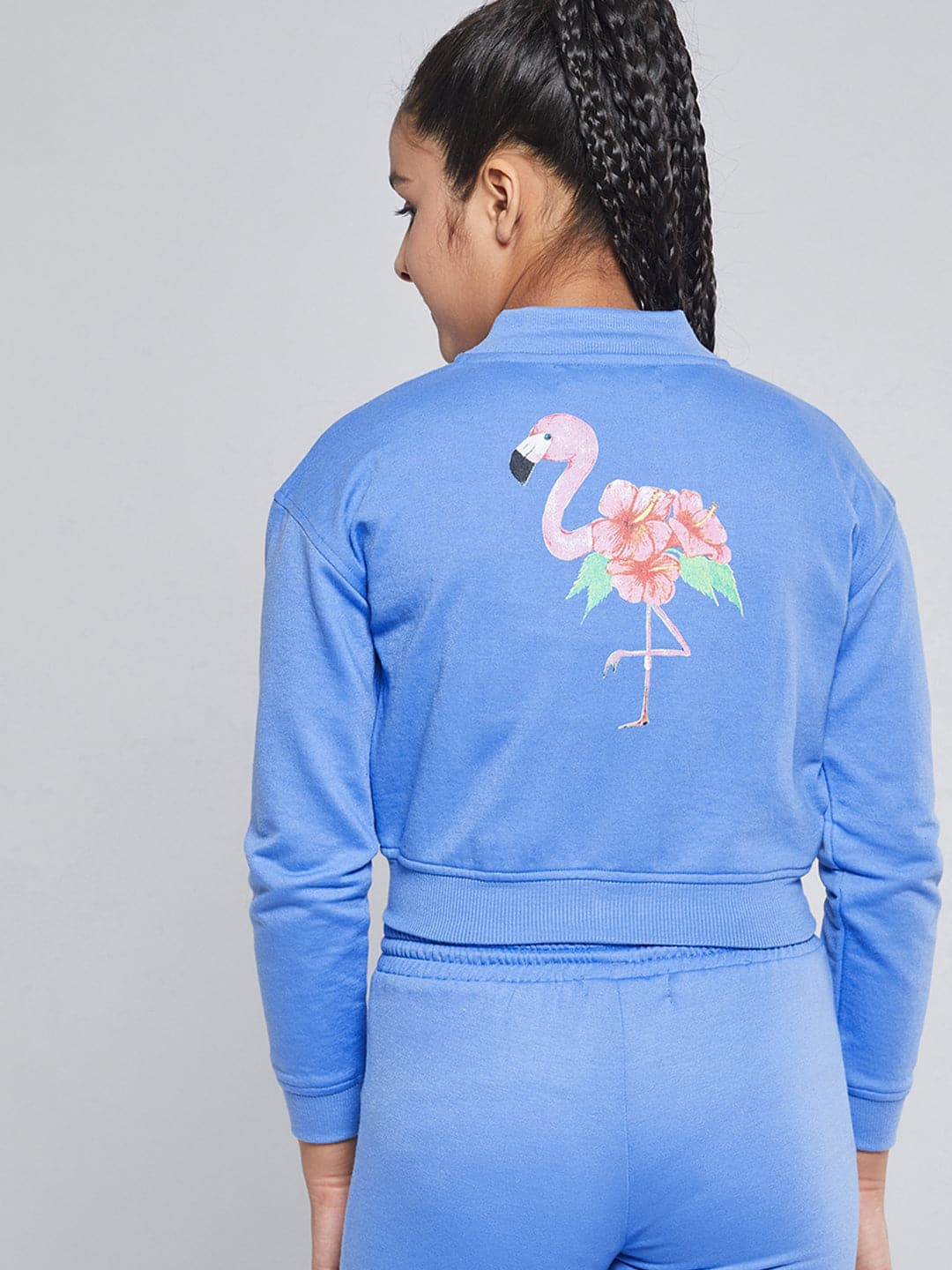 Girls Blue Fleece Flamingo Bomber Jacket-Girls Jacket-SASSAFRAS